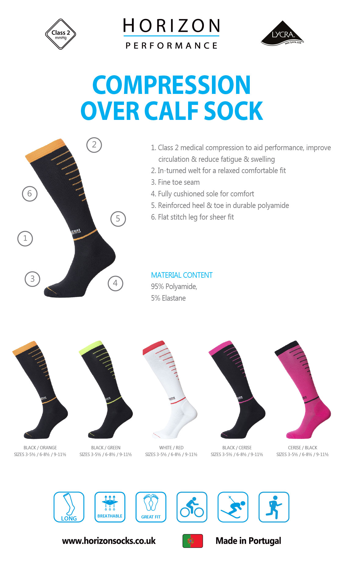 Class 2 Medical Compression All Colours Horizon Compression Over Calf Sock 