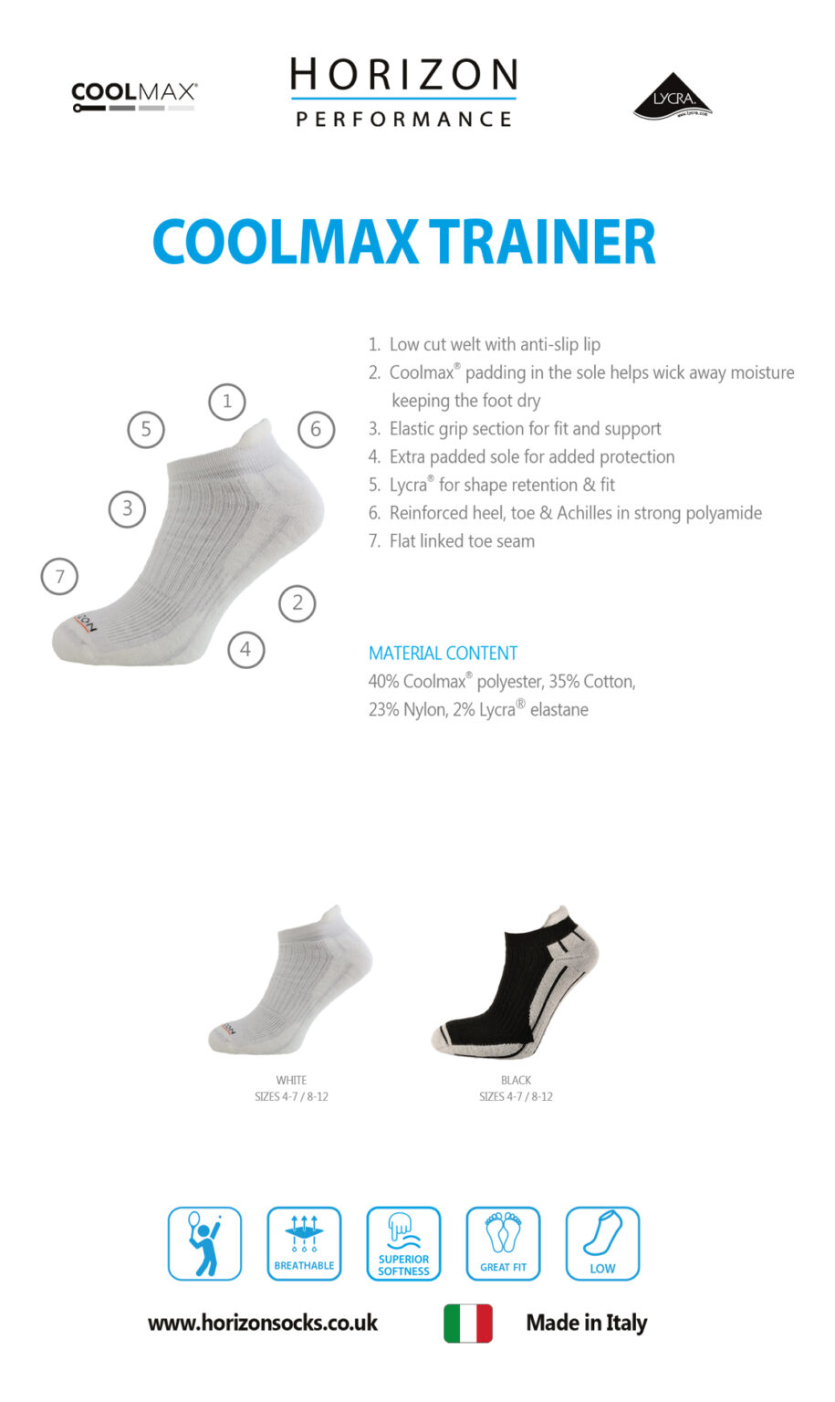 Horizon Performance Golf Coolmax® Trainer Socks